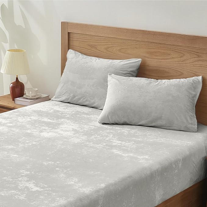 BEDELITE Velvet Fitted Sheet and Pillowcases Set, Luxury Soft Fuzzy Bottom Sheet with Reinforced Elastic Corner Straps, Deep Pocket up to 15", 1 Fitted Sheet and 2 Pillowcases (Cal King, Light Grey)