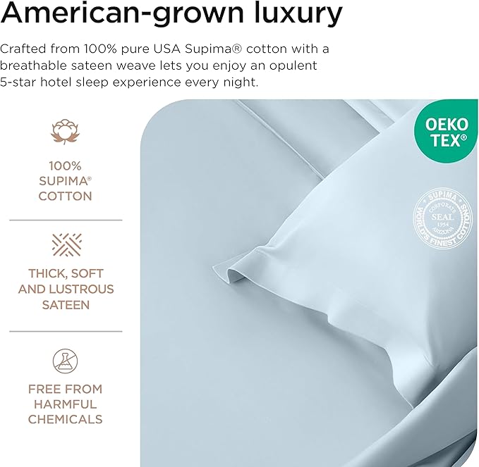 Threadmill Supima Cotton Queen Sheet Set, 1000 Thread Count Queen Sheets for Queen Mattresses, 4 Piece American Luxury Bed Sheets, Sateen Hotel Quality Sheets with Elasticized Deep Pocket, Light Blue