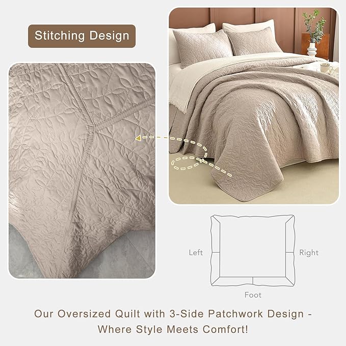 Lady Ann Queen Bedspreads 102x118 Leaves Pattern Printed Bedspreads & Coverlets, 3 Pcs Linen Feel Queen Quilt Set Lightweight & Soft Farmhouse Bedding Sets