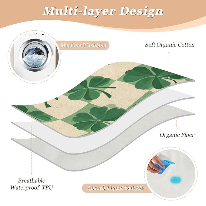 Waterproof Bed Pad Reusable Changing Pad Toddler Mattress Protector Large Pee Pad Baby Diaper Pad Soft Washable Liner Vintage Checkered Green Clovers