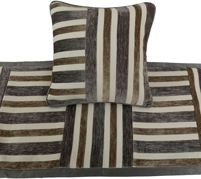 The HomeCentric King/Queen/Twin Beige & Grey Decorative CA King 86"x18" Bed Runner with Pillow Cover, Patchwork Bed Scarf on Velvet Fabric - Striation