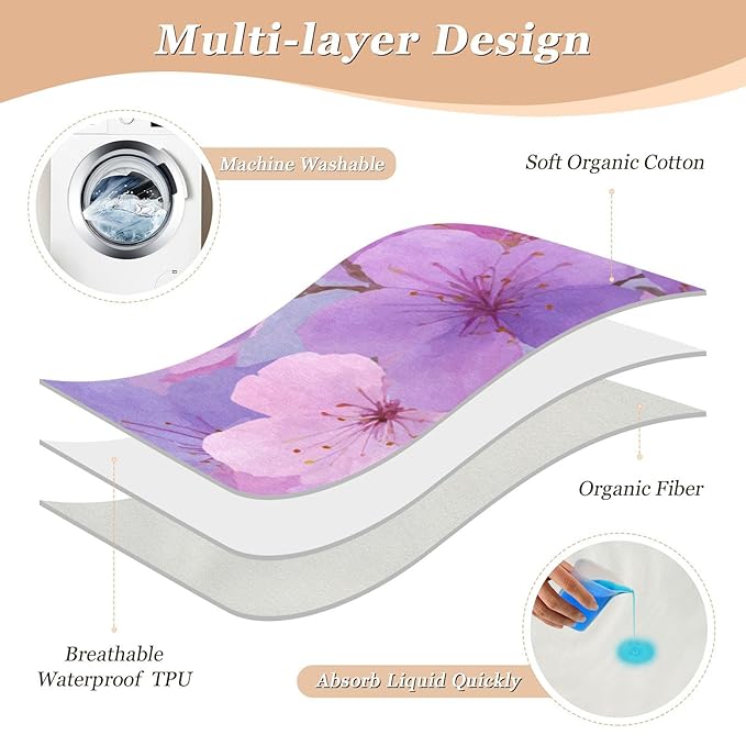 Waterproof Bed Pad Reusable Changing Pad Toddler Mattress Protector Large Pee Pad Baby Diaper Pad Soft Washable Liner Pink Purple Cherry Blossom