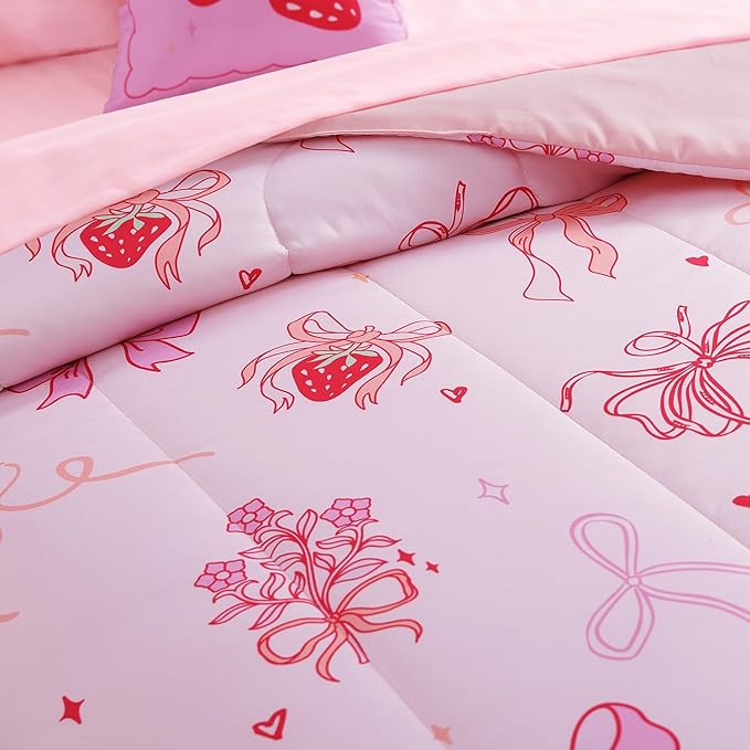 Twin Comforter Set for Girls-3 Pieces Pink Bow Twin Bedding Sets for Kids,1 Comforter,1 Sham and 1 Decor Pillow
