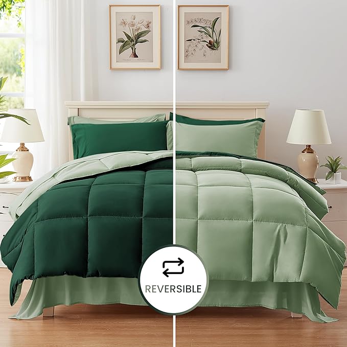 Anluoer Queen Comforter Set,Emerald Green&Sage Bed in a Bag 7 Piece,Lightweight Bedding Set with Soft Down Alternative Fill,Bed Set Includes Comforter, Fitted Sheet, Flat Sheet,Pillowcases and Shams