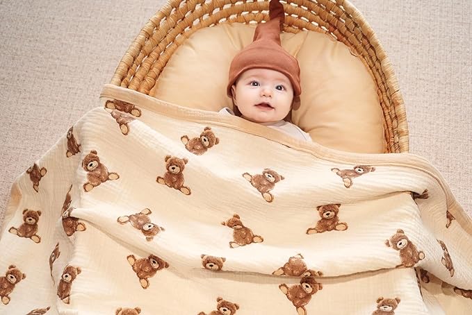 Little Jump 2 Layers Muslin Cotton Baby Blankets - Teddy Bear Toddler Quilt Crib Blanket - Gender Neutral Crib Blanket for Baby Boys and Girls 47"x 47" (Teddy Bears)