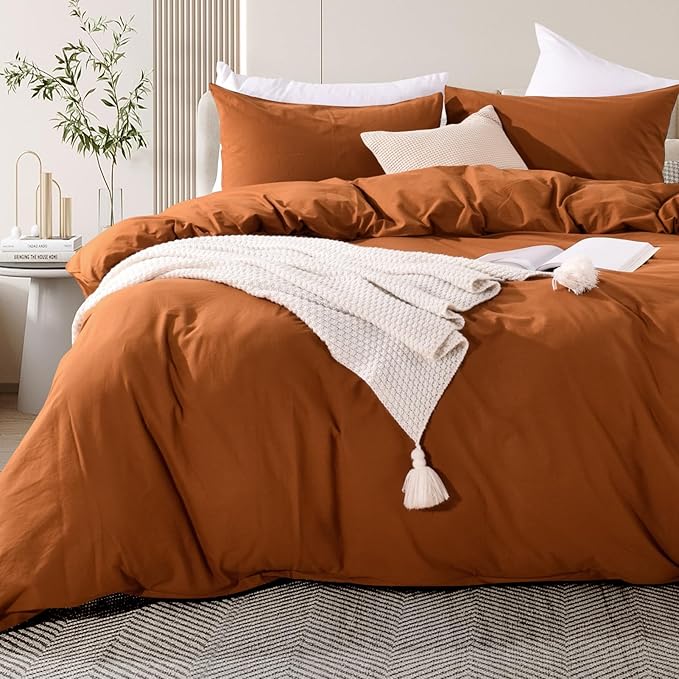 NEXHOME PRO Terracotta Burnt Orange Duvet Cover Set King Size Linen Textured Organic Natural 100% Washed Cotton Duvet Cover Fall Caramel 3 Pieces Bedding Set with Zipper Closure, Soft(No Comforter)