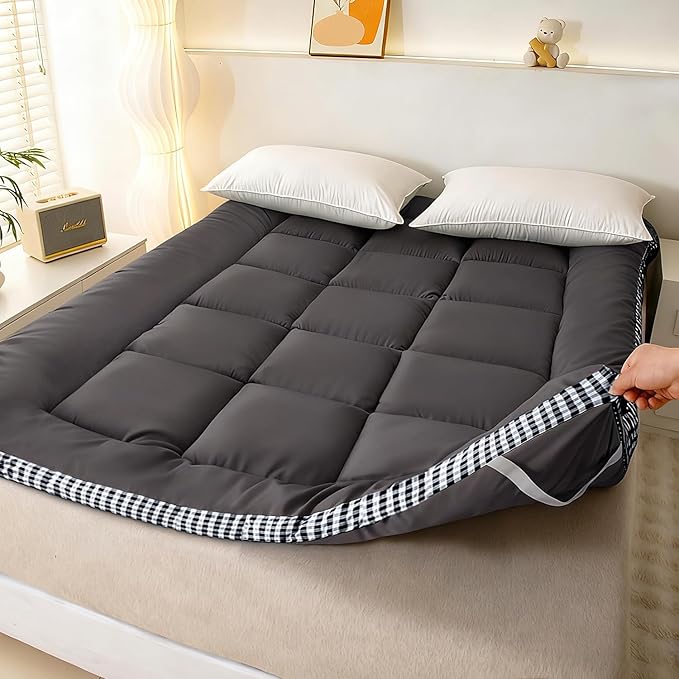 Thick Mattress Topper Queen Size - Non-Slip Mattress Pad Cover for Back Pain Breathable Folding Sleeping Pad Machine Washable Mattress Protector (60x80 inch,Black)