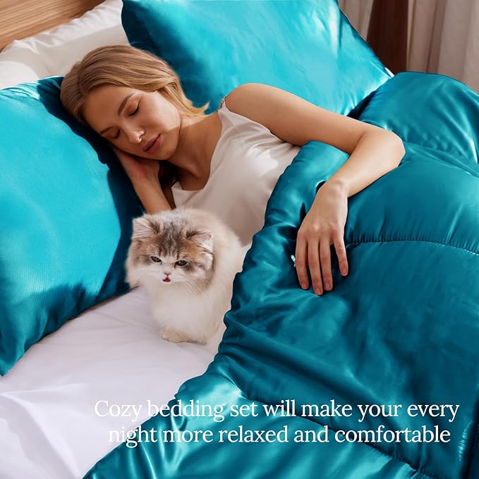 Whale Flotilla 2-Piece Reversible Silky Soft Twin Size Comforter Bedding Set, Luxurious Satin Comforters with Satin Pillowcase, Lightweight Duvet for All Seasons, Turquoise