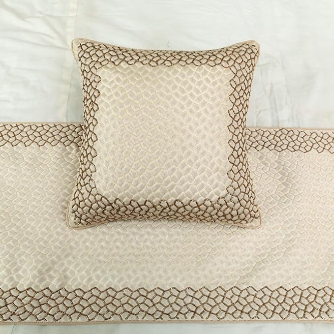 The HomeCentric King/Queen/Twin Ivory & Gold Designer Queen 74"x18" Bed Runner with Pillow Cover, Mosaic & Beaded Bed Scarf on Jacquard Fabric - Tessellation