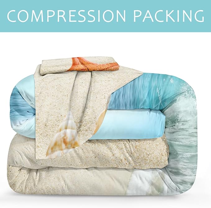 Bedbay Beach Theme Comforter Queen Seashell Comforter Set Beach Room Decor Starfish Seashore Ocean Quilt Set 3 Pcs Beachy Comforter Set Coastal Bedding Quilt Set for All Seasons(Conch,Queen)