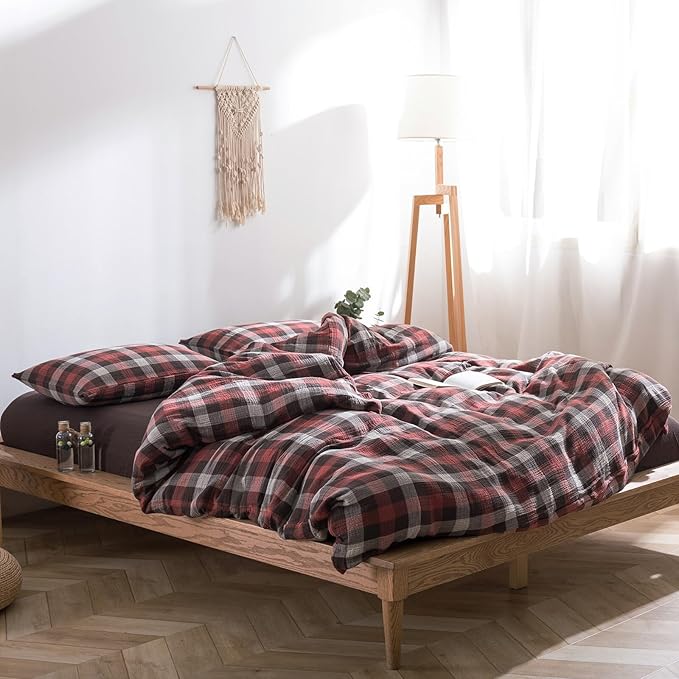 VM VOUGEMARKET Red Gingham Duvet Cover King Muslin Cotton Plaid Bedding Set Soft Breathable Linen Like Gauze Comforter Cover with Zipper Closure for Adults-3 Pieces,104"x90"