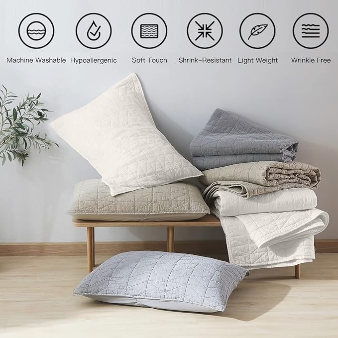 HORIMOTE HOME Quilt Set King Size, Stone-Washed Chic Rustic Cream White Coverlet with Classic Triangle Stitched Pattern, Ultra Soft Lightweight Quilted Bedspread for All Season, 3 Pieces
