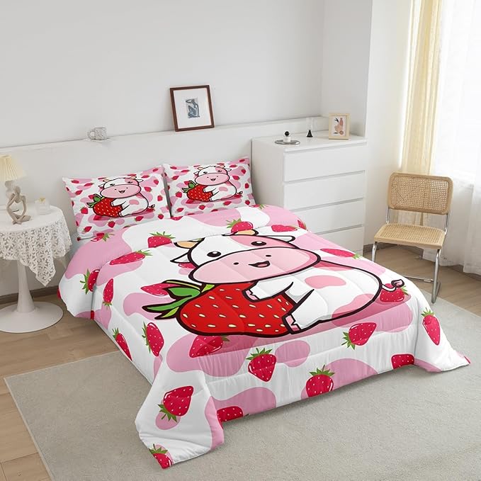 Feelyou Milk Cow Comforter Pink White Cow Strawberry Pattern Comforter Set Bedding Set for Kids Adults Kawaii Girls Milk Cow Duvet Set Ultra Soft Room Decor Full Size Quilt Set