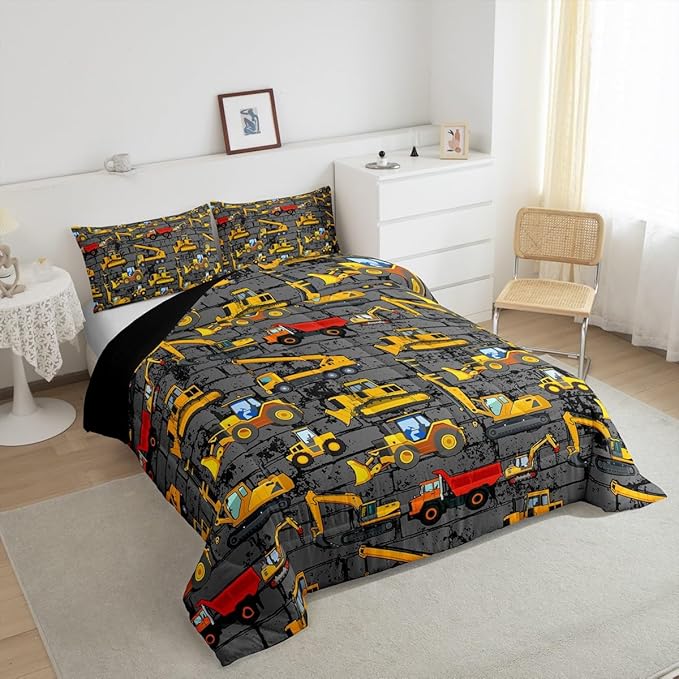 Erosebridal Excavator Comforter Set King,Tractor Construction Bedding Set for Kids Boys Teens Truck Room Decor,Cartoon Vehicle Car Bedding Comforter Construction Site Duvet Set Yellow Dark Grey 3 Pcs