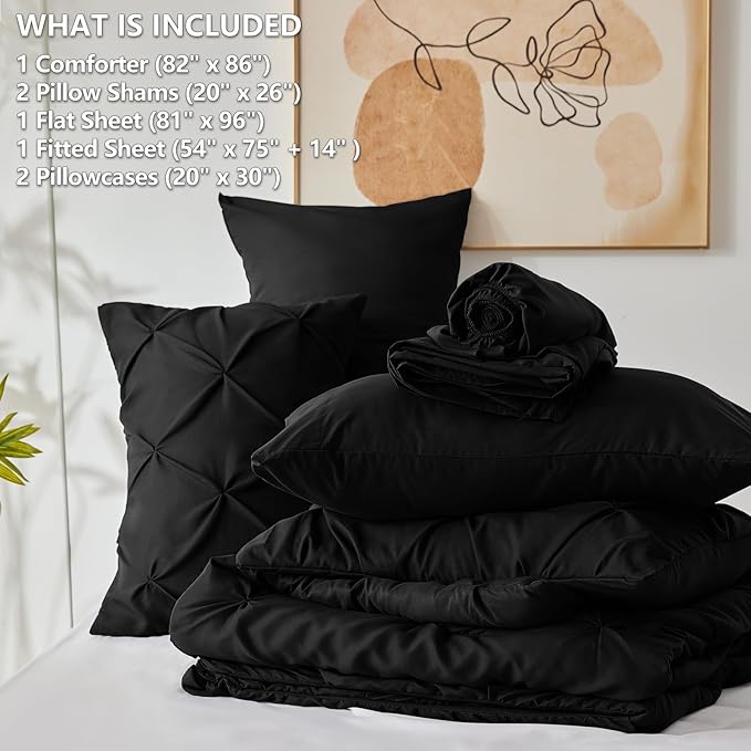 Full Comforter Set Black, 7 Pieces Pintuck Bed in A Bag Full Size Bedding, Soft Bed Set All Season Pinch Pleat Comforter Set with Sheets, Pillowcases & Shams