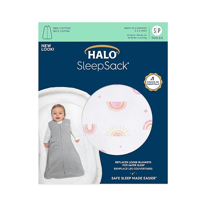 HALO SleepSack, 100% Cotton Wearable Blanket, Swaddle Transition Sleeping Bag, TOG 0.5, Sunshine Rainbows, Large, 12-18 Months