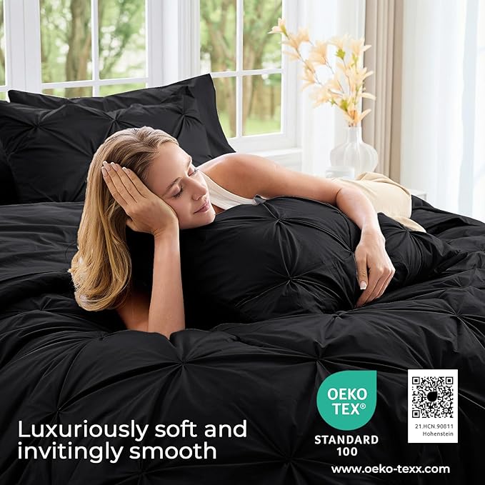 Sasttie Full Size Comforter Set, 7-Piece Bed in a Bag, Pintuck Bedding Set for All Season, Includes Comforter, Flat Sheet, Fitted Sheet, Pillowcases and Pillowshams, Black