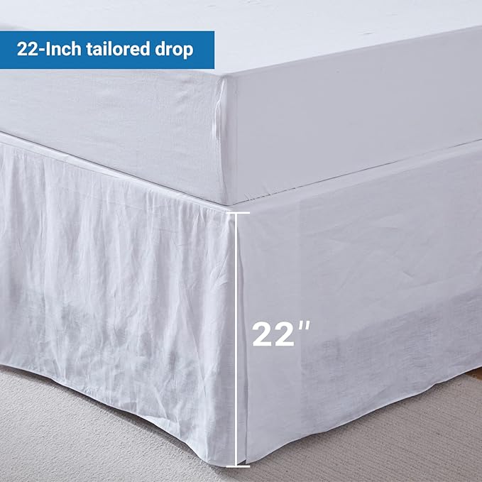 Simple&Opulence Belgian Linen Bed Skirt with Classic 22 inch Tailored Drop Dust Ruffle, Easy Fit Breathable Premium Natural Flax - Basic White, King