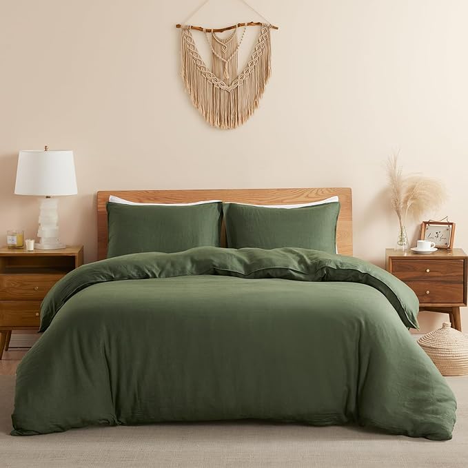 DAPU 100% Linen Duvet Cover, Pure Natural French Flax Linen with 8 Corner Ties&Zipper Closure Soft Breathable Durable for Hot Sleepers 1 Duvet Cover 2 Pillowcases(Olive Green, California King)