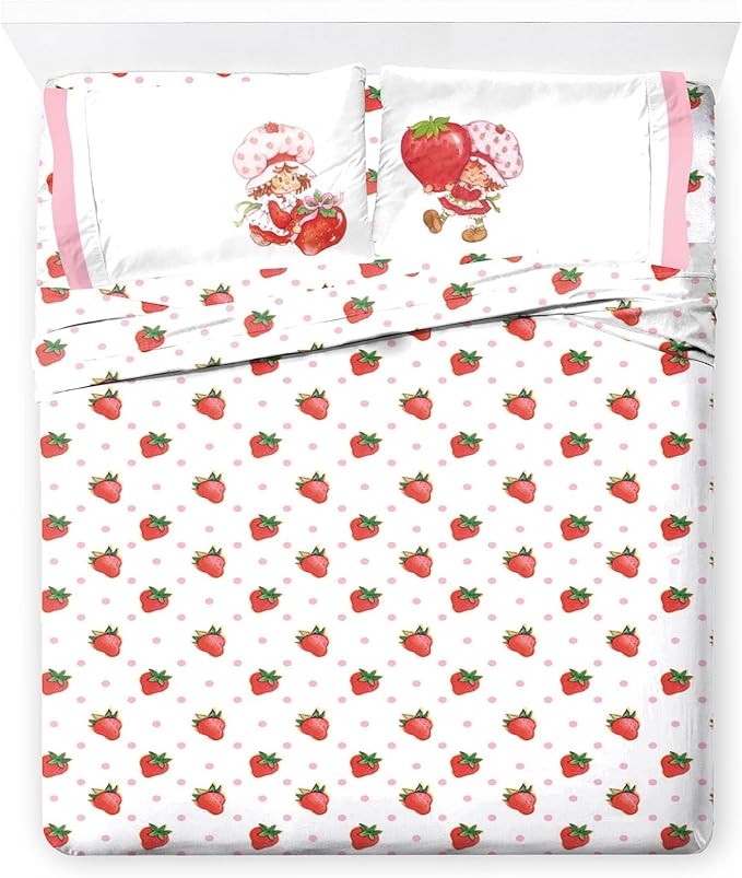 Jay Franco Kids Sheet Set with Fitted, Flat Sheets & Pillow Cover - Ultra-Soft Bedding with Pillowcase for Room Decor, White - Strawberry Shortcake, 4 Piece Full