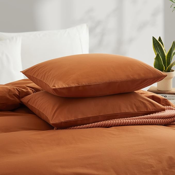 LOVQUE Burnt Orange Cotton Duvet Cover Twin Size, Linen Like Natural Bedding Set with Zipper Closure (No Comforter), 68x90 Inches