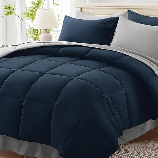 Anluoer Queen Comforter Set 7 Piece, Reversible Bed in a Bag Queen Size, Lightweight Bedding Set with 1 Comforter(88"*88"), 2 Pillow Shams, 2 Pillowcases, 1 Flat Sheet, 1 Fitted Sheet, Navy & Grey
