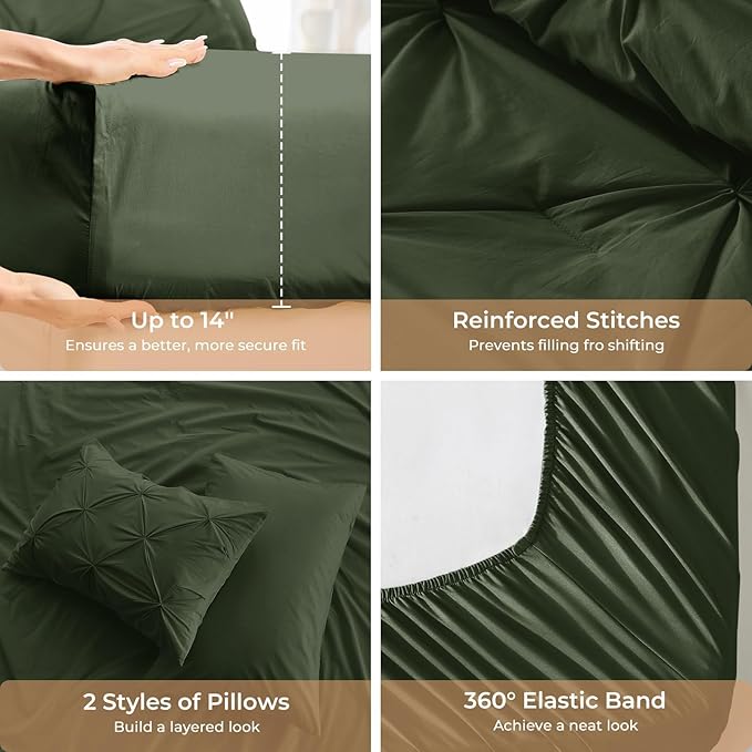 Sasttie Queen Comforter Set, 7-Piece Bed in a Bag, Pintuck Bedding Sets for All Season, Includes Comforter, Flat Sheet, Fitted Sheet, Pillowcases and Pillowshams, Dark Green