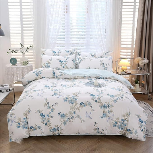 URBONUR Full Size Duvet Cover Sets Light Blue Garden Floral Bedding Comforter Cover, Ultra-Soft & Breathable Duvet Sets for All Season, Button Closure & Corner Ties