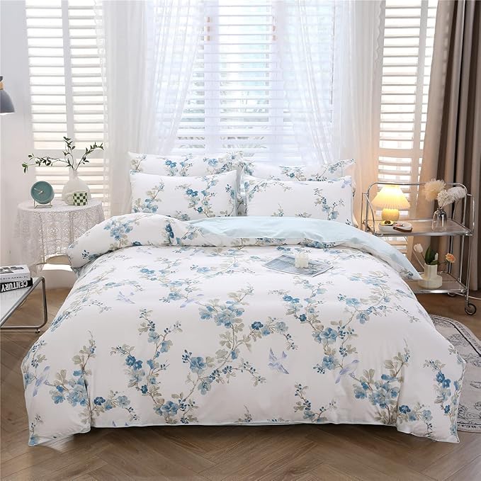 URBONUR Blue Floral Duvet Cover Set King Size 3 Pieces, 100% Cotton Duvet Cover with 2 Pillowcases, Soft & Breathable Bedding Sets with Button Corner Ties