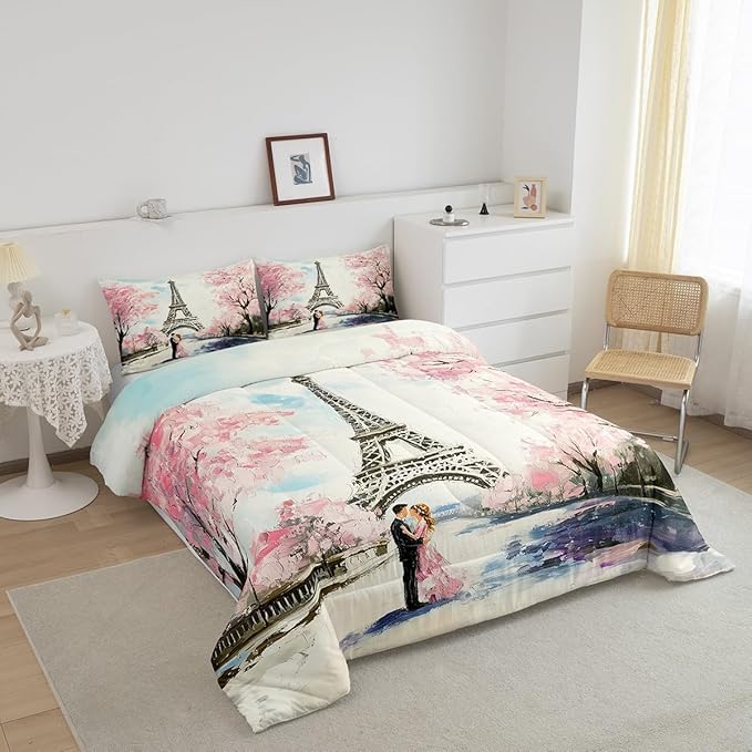 Paris Decor Comforter Set King Girly French Eiffel Tower Bedding Sets For Girls Kids Women Couple Bedroom Pink Cherry Blossoms Duvet Insert Watercolor Paris Tower Comforter Valentine 3 Pieces