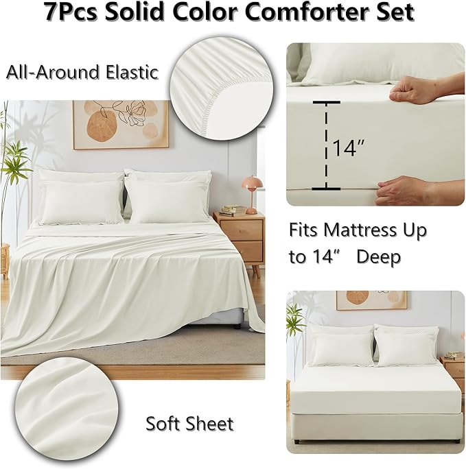 CozyLux King Size Comforter Set Ivory, 7 Pieces Bed in a Bag King Comforter Set with Sheets, Soft Bedding Set with Down Alternative Comforter, Fitted Sheets, Flat Sheets, Pillow Shams and Pillowcases