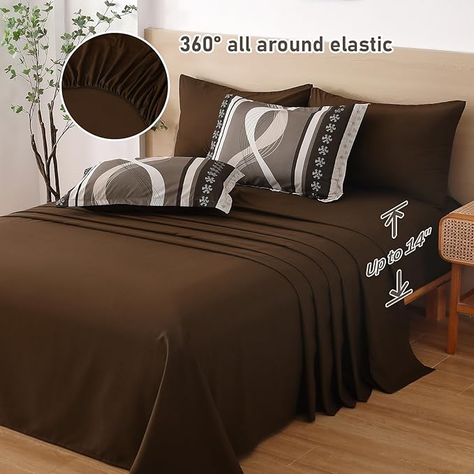 Brown Comforter Set Full Size, 8 Pieces Bed in a Bag Patchwork Striped Comforter Set, Soft Microfiber Boho Bedding Set for All Season(78"×90")