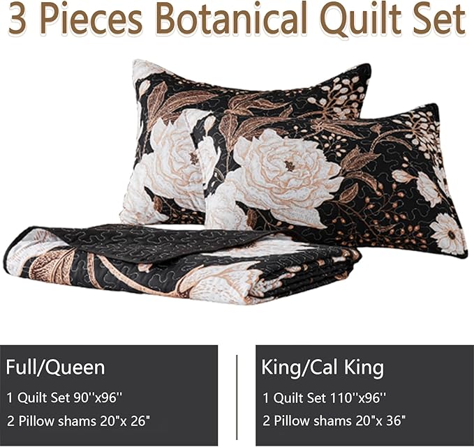 Yogeneg Full Queen Size Quilt Set,White Gold Floral Botanical Pattern Black Bedding Set,3 Piece Lightweight Soft Summer Bedspread Coverlet with 2 PIillow Sham for All Season(Black Floral,90"x96")