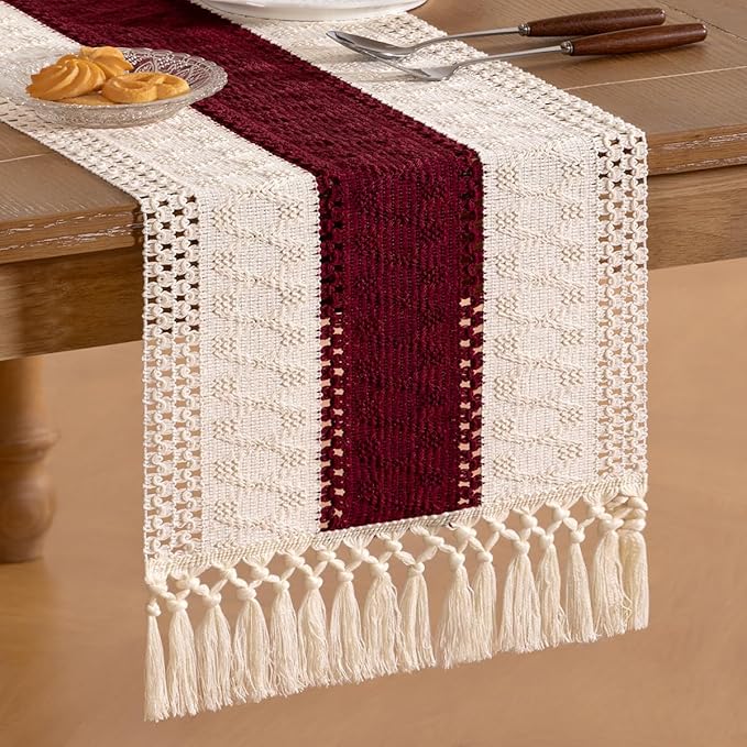 Socomi Boho Table Runner Valentine's Day Farmhouse Rustic Dining Kitchen Centerpiece Decor Small Macrame Woven Cotton Linen Coffee Table Runner for Dresser Scarf Home Decor 12x60 in Burgundy Ivory