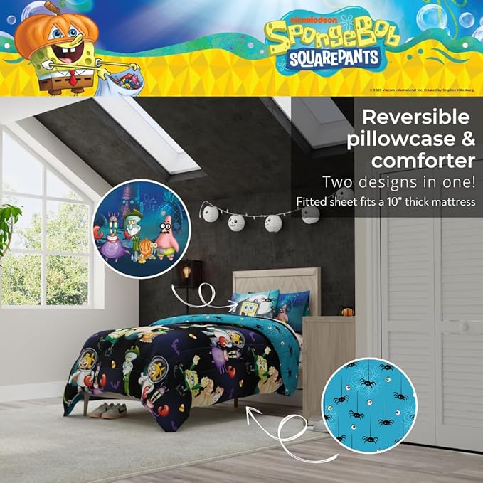 Spongebob Squarepants Kids Halloween Bedding 5 Piece Super Soft Cozy Reversible Comforter and Sheet Set with Sham, Twin, (Officially Licensed Product) by Franco