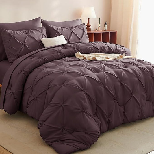 CozyLux Full Size Comforter Sets Cocoa Powder, 7 Pieces Pintuck Bed in A Bag Cocoa Powder Comforter Full Size, Pinch Pleat Bedding Sets with All Season Comforter, Sheets, Pillowcases & Shams
