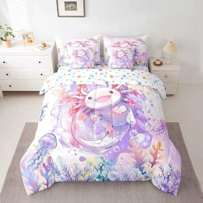 Feelyou Boys Girls Cute Axolotl 7 Pieces Bedding Sets King Size, Ocean Sealife Bed in A Bag for Cartoon Salamander Comforter Set with Sheets Kids Kawaii Teens Bed Set