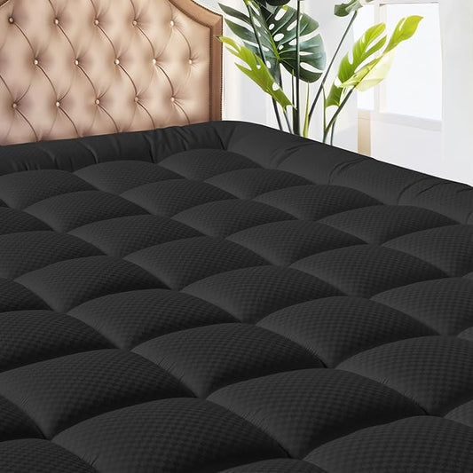 MATBEBY California King Mattress Pad - Cooling Breathable Mattress Topper, Quilted Fitted Mattress Protector, Pillow Top Mattress Cover with 8-21" Deep Pocket, Soft, Machine Washable, Black, Cal King