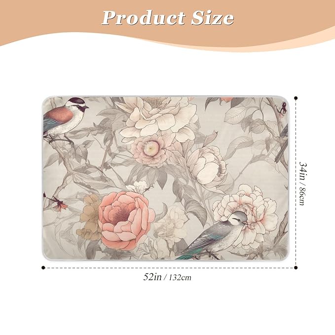 Waterproof Bed Pad Reusable Changing Pad Toddler Mattress Protector Large Pee Pad Baby Diaper Pad Soft Washable Liner White Peony Bird