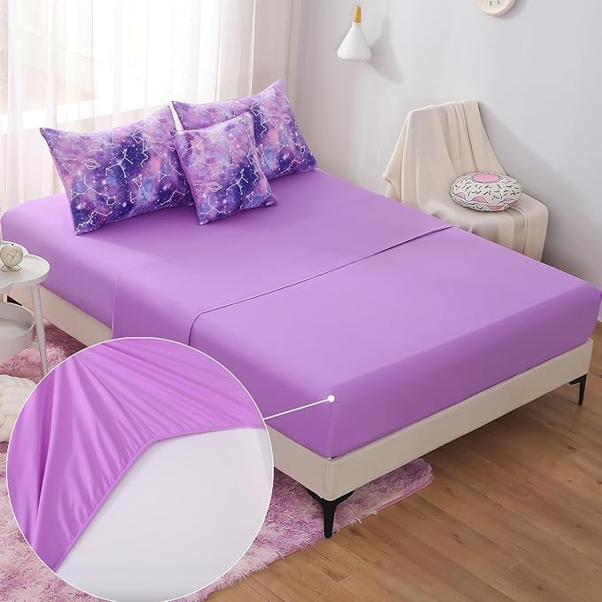 JQinHome Queen Gradient Galaxy Comforter Set for Girls,6 Piece Bed in A Bag 3D Colorful Tie Dye Constellation Print Ombre Bedding Set with Pillowcase, Flat & Fitted Sheet,Cushion Cover (Purple)