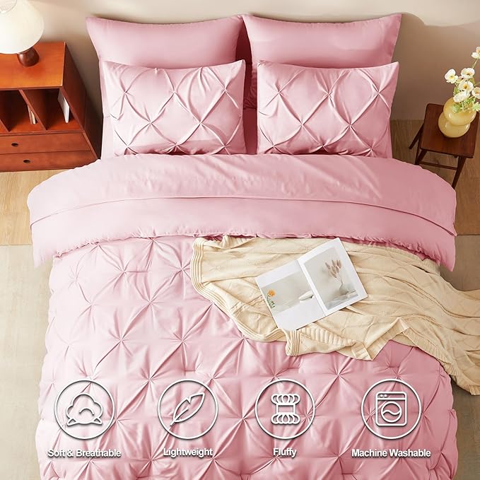King Comforter Set Pink, 7 Pieces Pintuck Bed in A Bag King Size Bedding, Soft Bed Set All Season Pinch Pleat Comforter Set with Sheets, Pillowcases & Shams