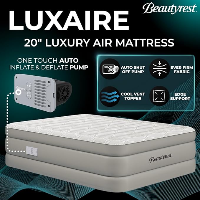 Beautyrest Luxaire, Twin Size Luxury Air Mattress, 20 Inch Height with Cool Vent Top, Smart Auto Shut-Off Pump, Puncture Resistant Ever Firm Fabric with Edge Support