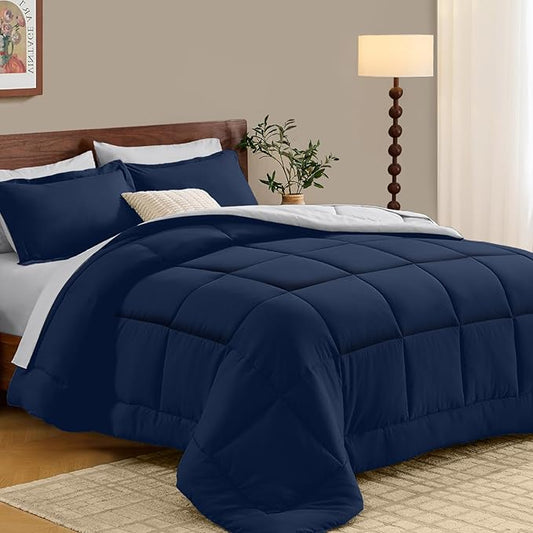 FUANNA Full Size Comforter Sets 7 Pieces, Reversible Bed in a Bag with All Season Soft Comforter, Bedding Sets Includes Comforter, Flat Sheet, Fitted Sheet, Pillowcases & Shams, Navy Blue & Light Grey