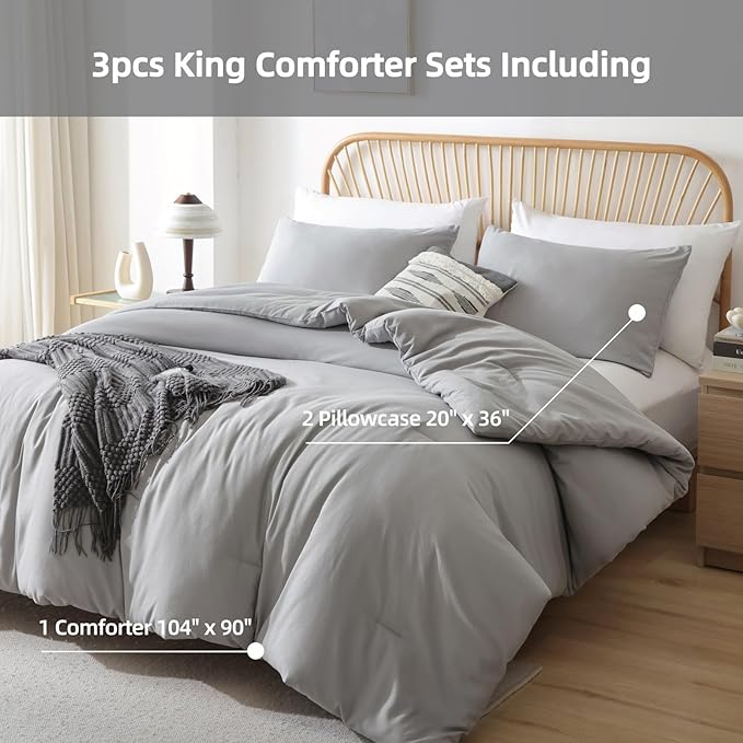 ROSGONIA King Size Comforter Set Grey, 3pcs King Comforter Set (1 Gray Comforter & 2 Pillowcases) All Season Soft Lightweight Bedspread Blanket Quilt