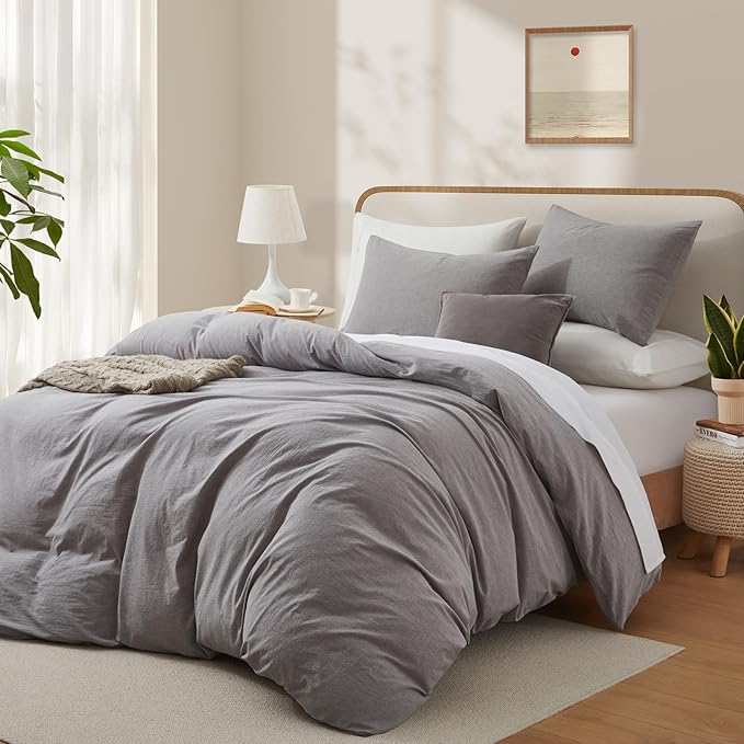 LOVQUE Light Grey Duvet Cover Full Size, 100% Washed Cotton Linen Like Bedding Set with Zipper Closure (No Comforter), 80x90 Inches