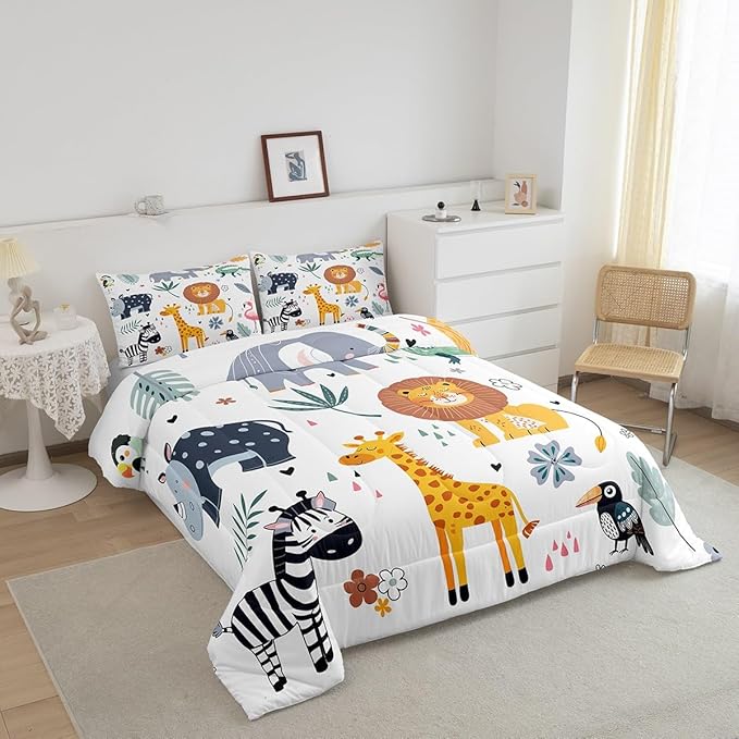 Feelyou Kids Zoo Animal Comforter Set Cute Wild Animals Bedding Set Cartoon Safari Wild Print Comforter for Boys Girls Children Teens Bedroom Decor Exotic Natural Theme Duvet Set Queen Size