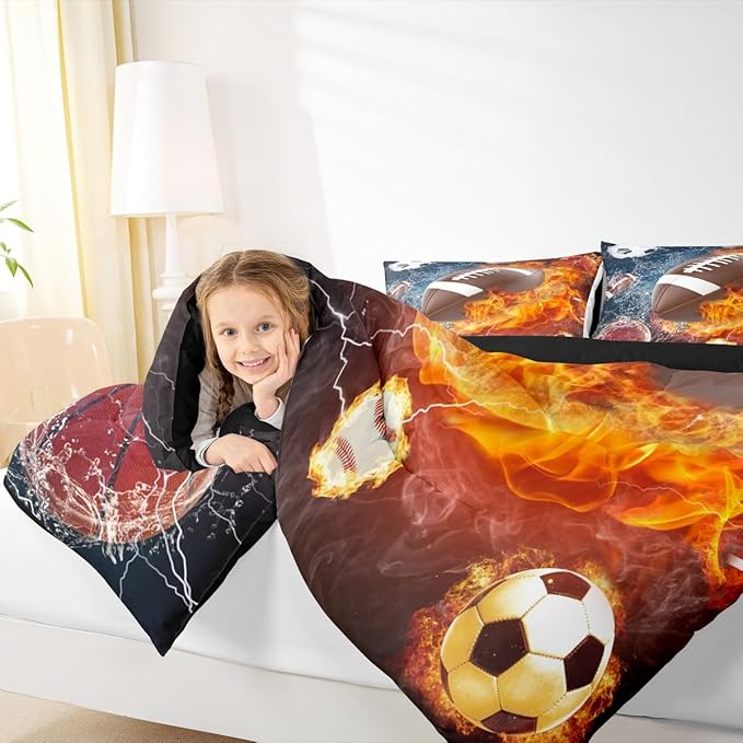 Erosebridal Football Comforter Twin Rugby Sports Bedding Set for Teen Boys Girls Kids,Soccer Basketball Baseball Comforter Red Blue Water Fire Lightning Quilt Duvet Insert Bedroom Decor 1 Pillow Case