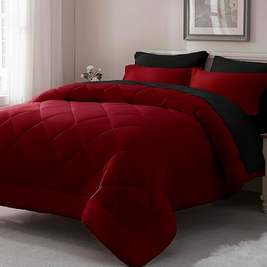 ELNIDO QUEEN® Queen Comforter Set 7 Pieces, Red and Black Bed in a Bag Queen Size, Bed Set All Seasons Bedding Sets with Reversible Comforter, Flat Sheet, Fitted Sheet, Pillowcases and Pillow Shams