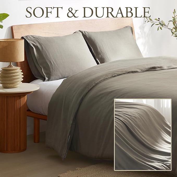 DAPU 100% Linen Duvet Cover Set - Pure Natural French Flax Linen with Corner Ties and Zipper Closure Soft Breathable Durable for Hot Sleepers 1 Duvet Cover 2 Pillowcases (Gray Green, Queen)