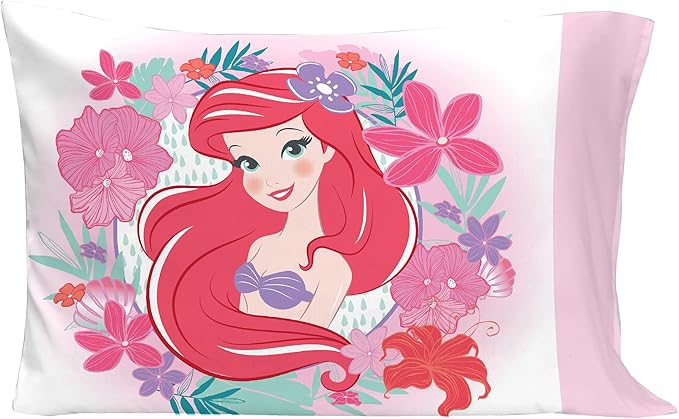 Disney Ariel Sea Garden 4 Piece Toddler Bed Set - Comforter, Fitted Sheet, Flat Top Sheet, Reversible Standard Size Pillowcase, Pink and Aqua